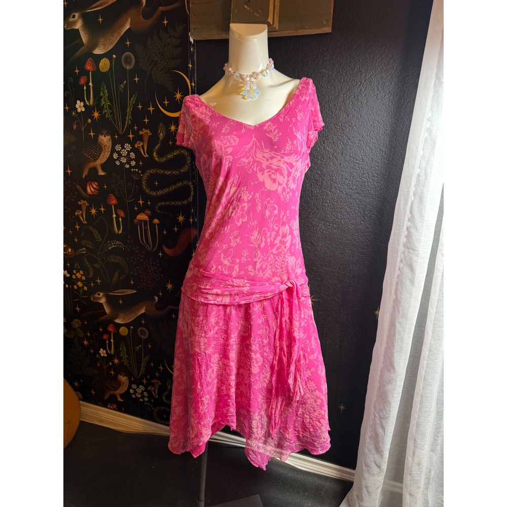 Jonathan Martin Studio Pink Floral Silk Drop Waist Handkerchief Hem Dress FLAW